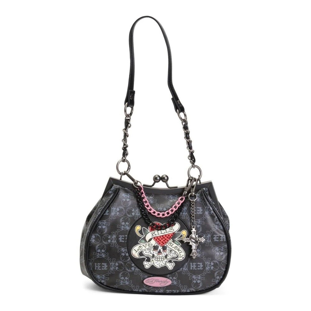 NWT Ed Hardy Black Skull Embossed Studded Kiss Lock Purse Charm Gothic